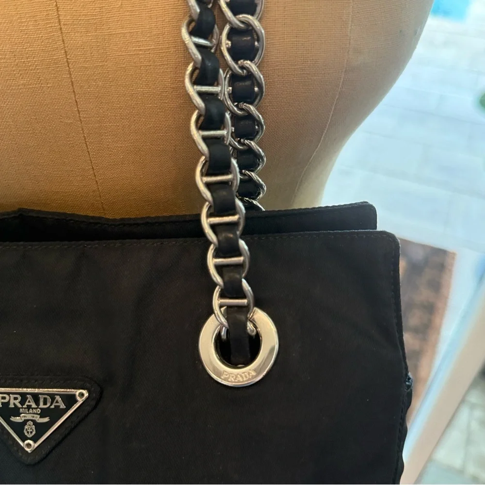 Prada Black Nylon Shoulder Bag w/ Silver and  Saffiano Black Leather Chain Strap - Picture 11 of 12